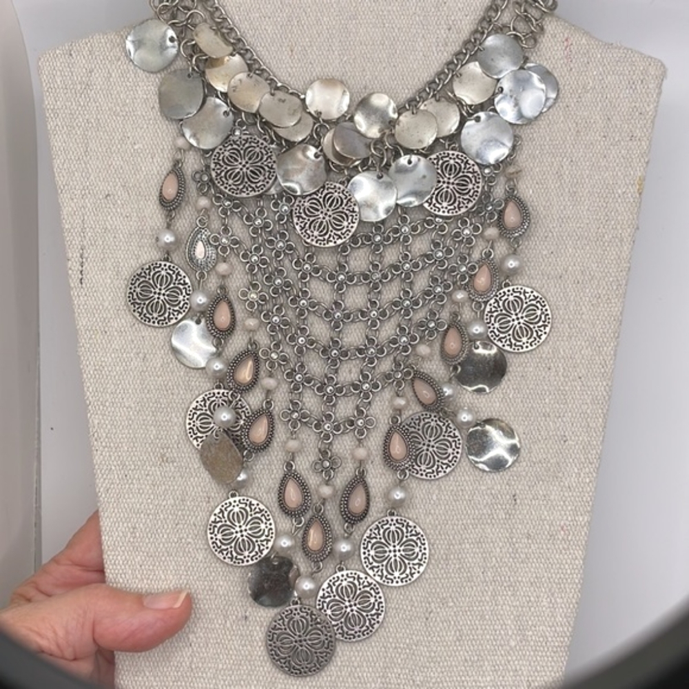 Bohemian Necklace Silver Tone Bib Gypsy Style